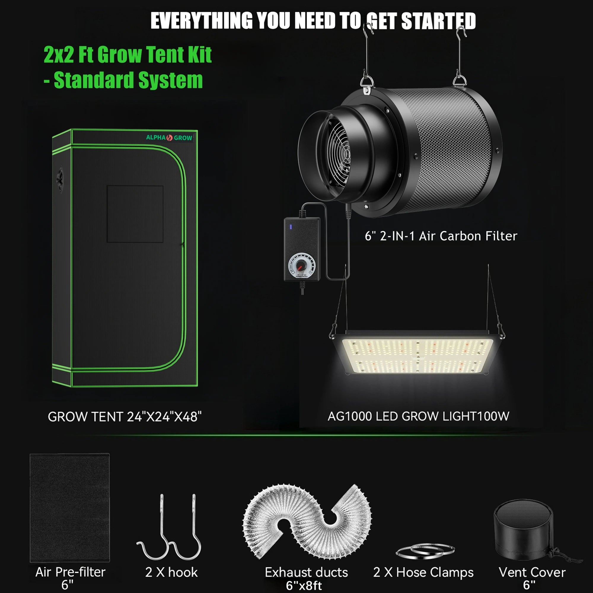 Growzelt Komplett-Set 60x60x120cm mit LED & Belüftung
