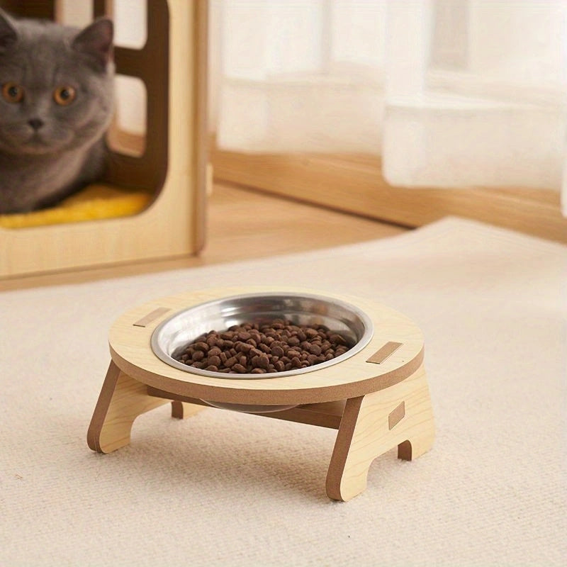 Erhöhte Katzen-Futterstation - Edelstahl mit Holzständer