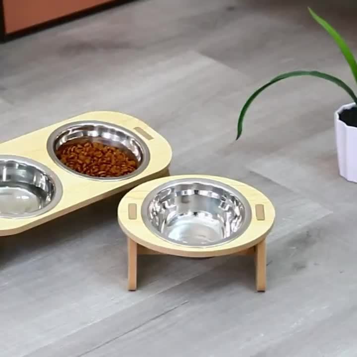 Erhöhte Katzen-Futterstation - Edelstahl mit Holzständer