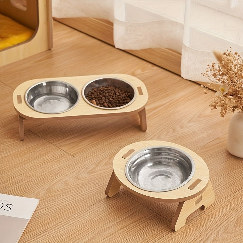 Erhöhte Katzen-Futterstation - Edelstahl mit Holzständer