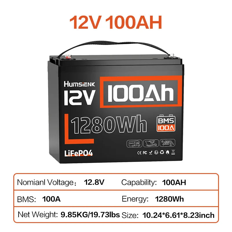 Humsienk LiFePO4 Batterie 12V 50Ah 100Ah 314Ah 200Ah mit integriertem 200A BMS 1280Wh 4019Wh Deep-Cycle-Batterie für Solarstromspeicher/Trolling-Motor