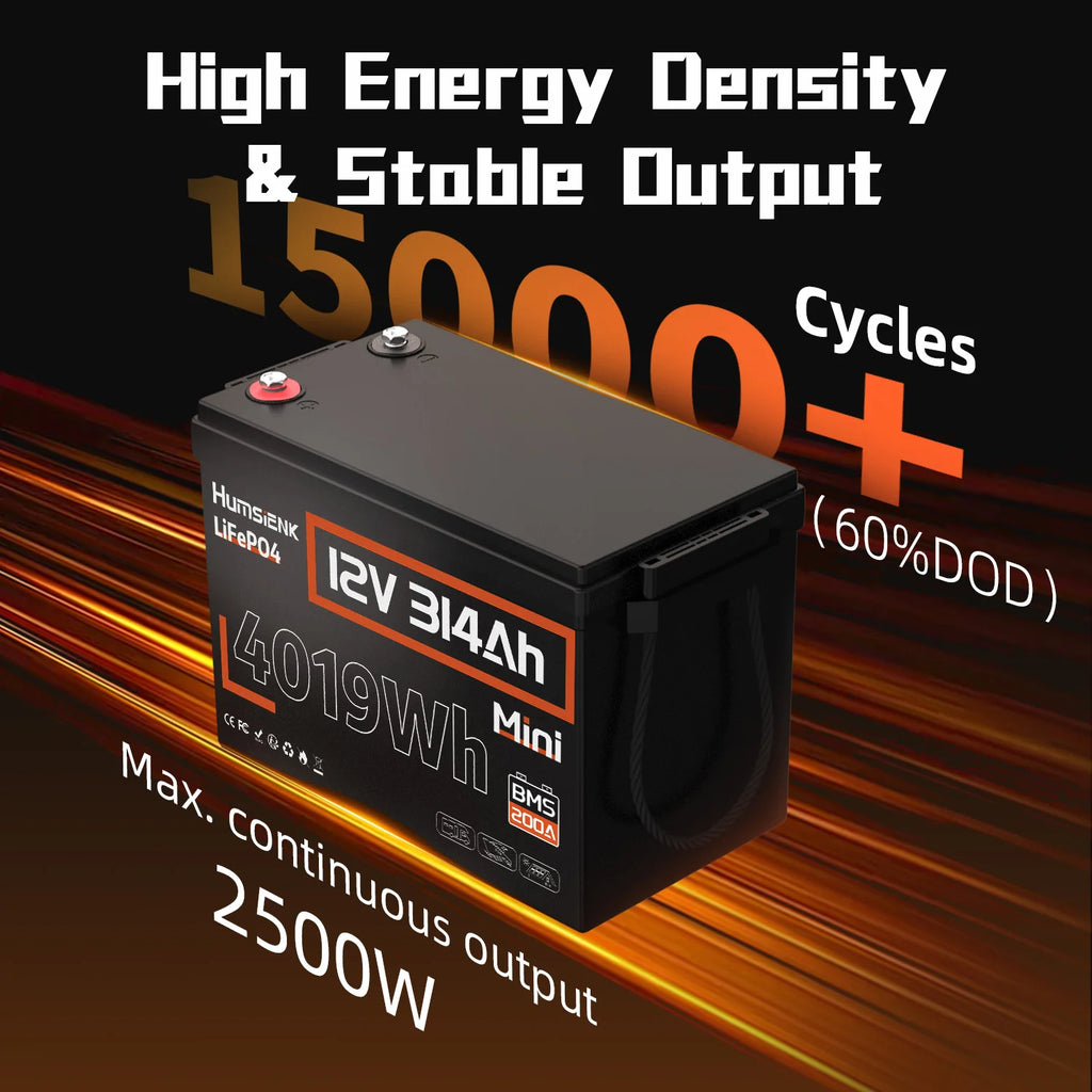 Humsienk LiFePO4 Batterie 12V 50Ah 100Ah 314Ah 200Ah mit integriertem 200A BMS 1280Wh 4019Wh Deep-Cycle-Batterie für Solarstromspeicher/Trolling-Motor