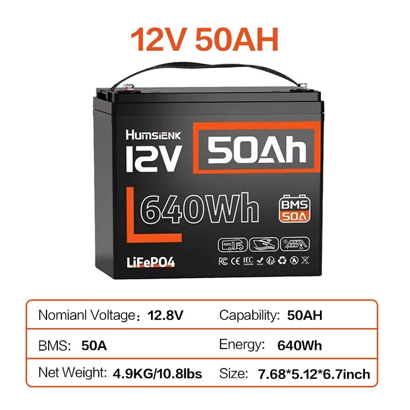 Humsienk LiFePO4 Batterie 12V 50Ah 100Ah 314Ah 200Ah mit integriertem 200A BMS 1280Wh 4019Wh Deep-Cycle-Batterie für Solarstromspeicher/Trolling-Motor