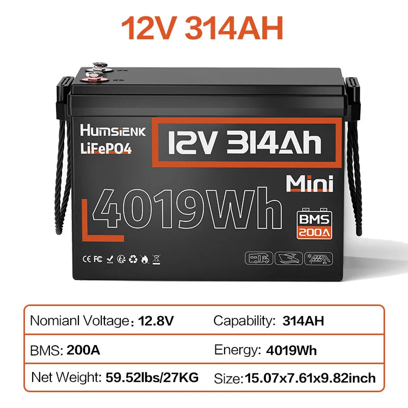 Humsienk LiFePO4 Batterie 12V 50Ah 100Ah 314Ah 200Ah mit integriertem 200A BMS 1280Wh 4019Wh Deep-Cycle-Batterie für Solarstromspeicher/Trolling-Motor