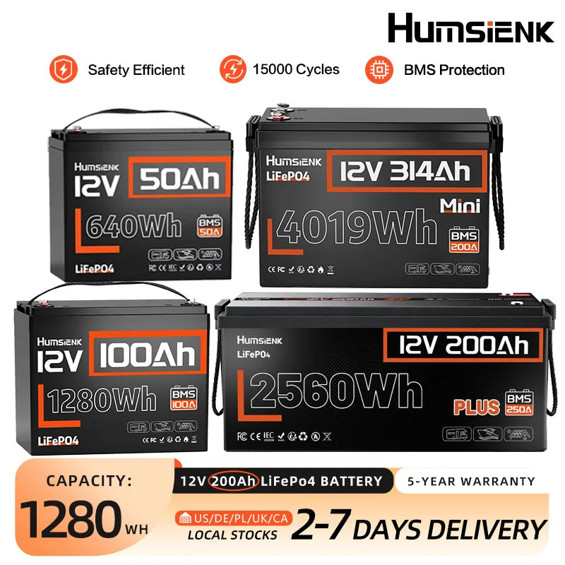 Humsienk LiFePO4 Batterie 12V 50Ah 100Ah 314Ah 200Ah mit integriertem 200A BMS 1280Wh 4019Wh Deep-Cycle-Batterie für Solarstromspeicher/Trolling-Motor