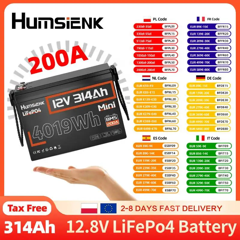 Humsienk LiFePO4 Batterie 12V 314Ah  – 4,19 kWh, 200A BMS