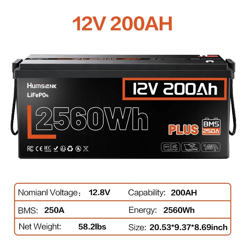 Humsienk LiFePO4 Batterie 12V 50Ah 100Ah 314Ah 200Ah mit integriertem 200A BMS 1280Wh 4019Wh Deep-Cycle-Batterie für Solarstromspeicher/Trolling-Motor
