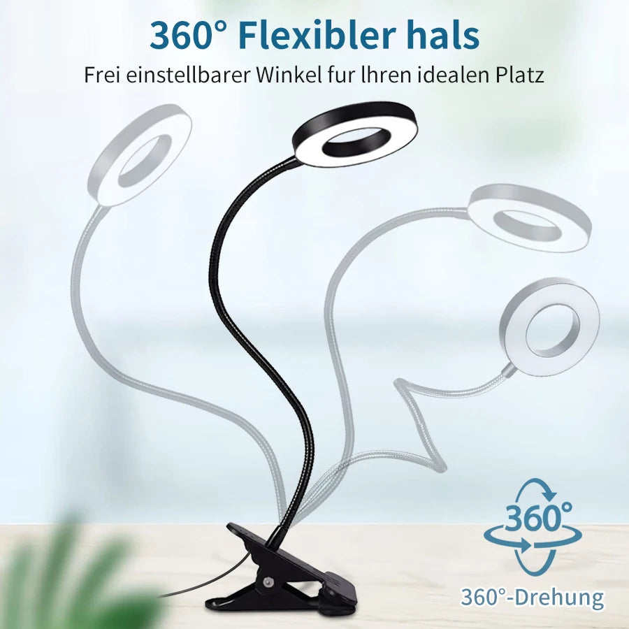 LED-Schreibtischlampe mit Clip & Speicherfunktion3 Lichtmodi dimmbar, Schwanenhals, augenschonend