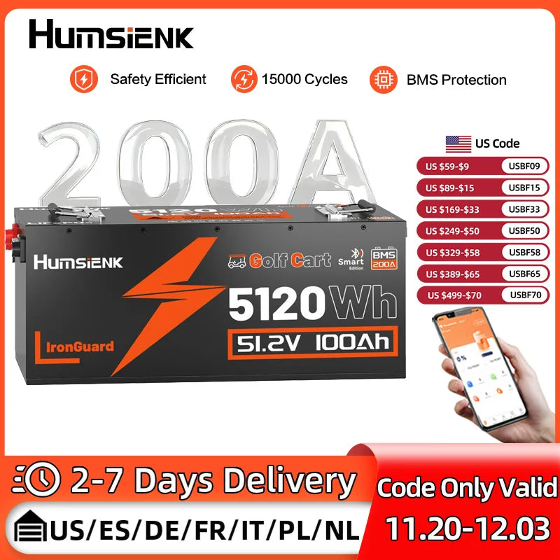 LiFePO4 Batterie 48V 100Ah für Golfwagen – 200A BMS mit Bluetooth