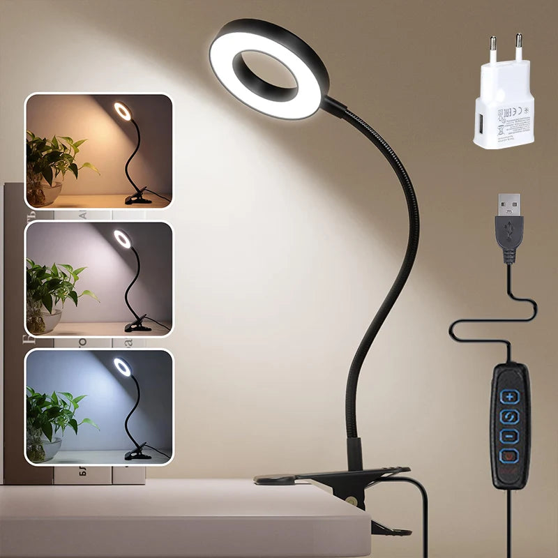LED-Schreibtischlampe mit Clip & Speicherfunktion3 Lichtmodi dimmbar, Schwanenhals, augenschonend