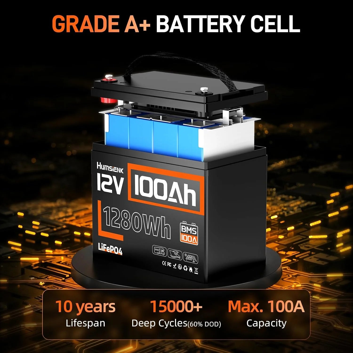 Humsienk LiFePO4 Batterie 12V 50Ah 100Ah 314Ah 200Ah mit integriertem 200A BMS 1280Wh 4019Wh Deep-Cycle-Batterie für Solarstromspeicher/Trolling-Motor