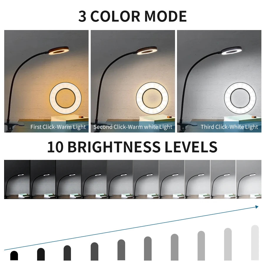 LED-Schreibtischlampe mit Clip & Speicherfunktion3 Lichtmodi dimmbar, Schwanenhals, augenschonend