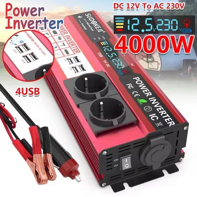 Wechselrichter 4000W DC 12V zu AC 220V – Kfz/RV/MarineSpannungswandler mit globaler Steckdose EU/US/UK