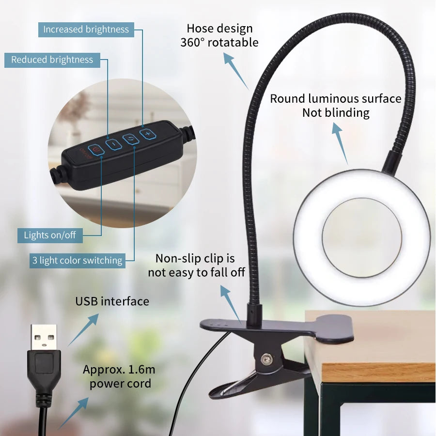 LED-Schreibtischlampe mit Clip & Speicherfunktion3 Lichtmodi dimmbar, Schwanenhals, augenschonend