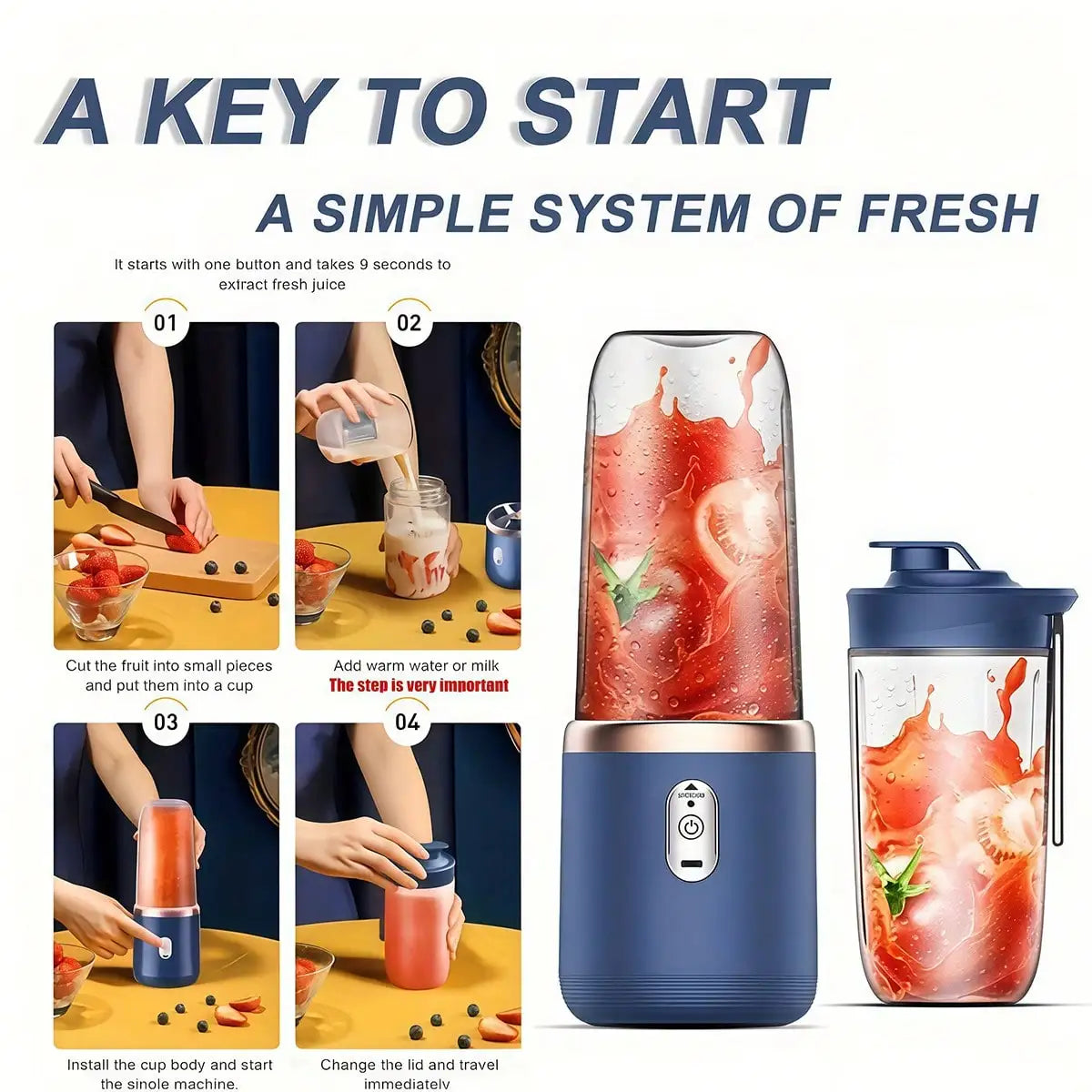 Tragbarer Mixer & Entsafter mit Tasse – LeistungsstarkSmoothie-Maker für Früchte & Gemüse, Küche & Gym