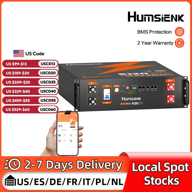 Humsienk Server-Rack, LiFePO4-Akku, 3U, Größe 48 V, 100 Ah, mit Bluetooth, 100 A, BMS, 15.000 Zyklen, für Wechselrichter, Wohnmobil, Transporter, Solarenergie