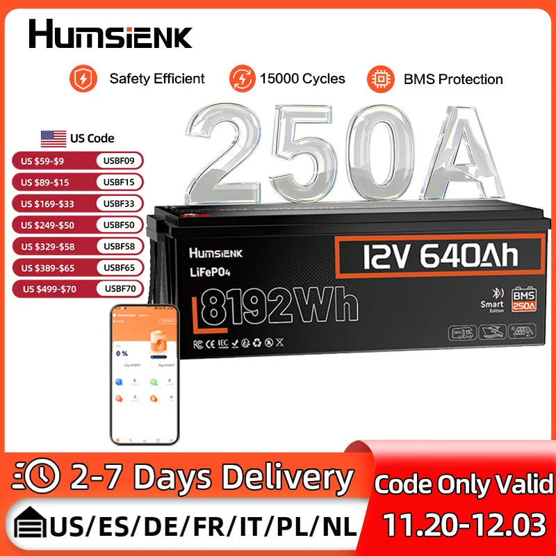 Humsienk LiFePO4 Batterie 12V 640Ah A+ Zellen – 250A BMS