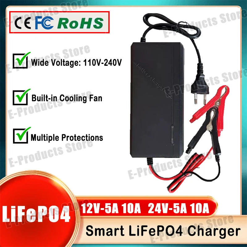 Smart LiFePO4 Ladegerät 12V/24V 5A/10A – 4S/8SIntelligentes Schnellladegerät 14,6V / 29,2V AC110-240V