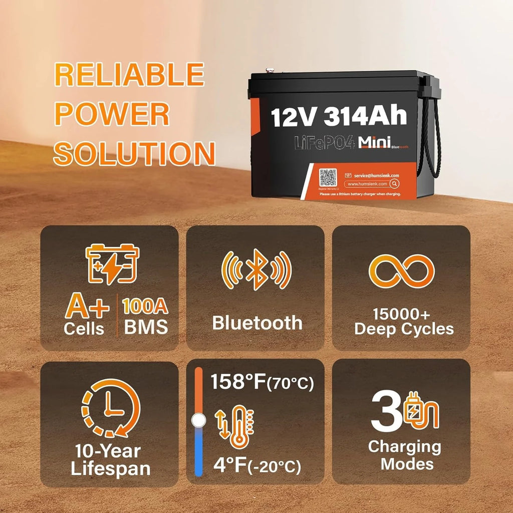 12V 300Ah LiFePO4 Lithiumbatterie mit BT 4,19 kWh, 100A BMS, 15.000+ Zyklen