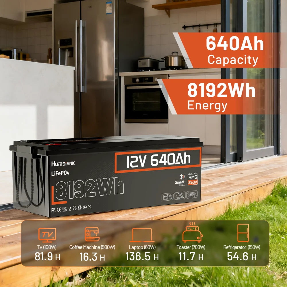 Humsienk LiFePO4 Batterie 12V 640Ah A+ Zellen – 250A BMS