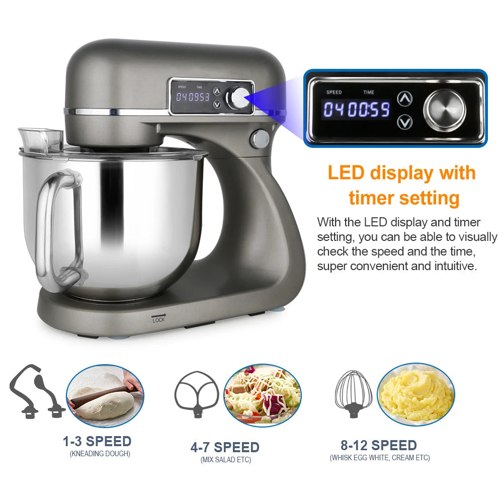 Küchenmaschine 800W mit 12 GeschwindigkeitenStand Mixer mit Knethaken, Schneebesen & Rühraufsätzen