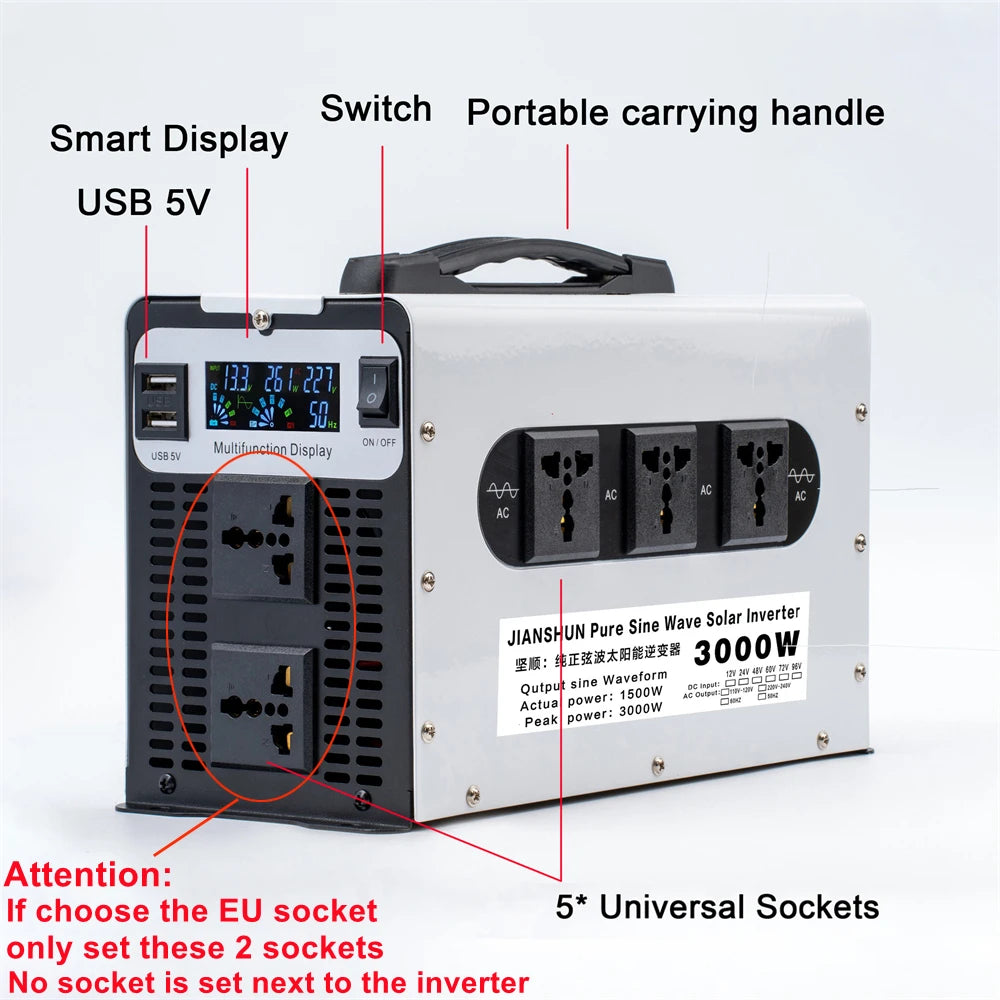 Wechselrichter 12V-72V zu AC 220V reine Sinuswelle 3500WSolar-Spannungswandler für Auto & Wohnmobil