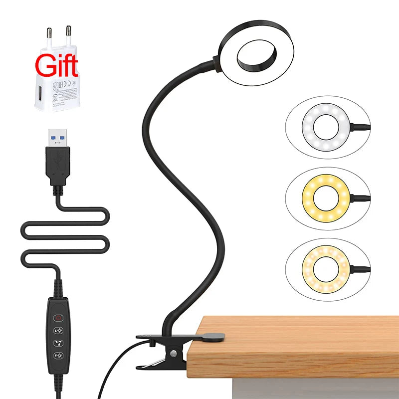 LED-Schreibtischlampe mit Clip & Speicherfunktion3 Lichtmodi dimmbar, Schwanenhals, augenschonend