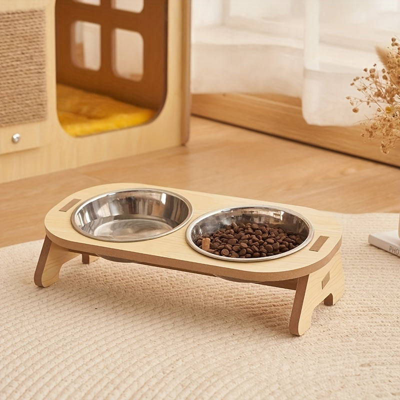 Erhöhte Katzen-Futterstation - Edelstahl mit Holzständer