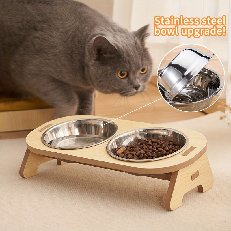 Erhöhte Katzen-Futterstation - Edelstahl mit Holzständer