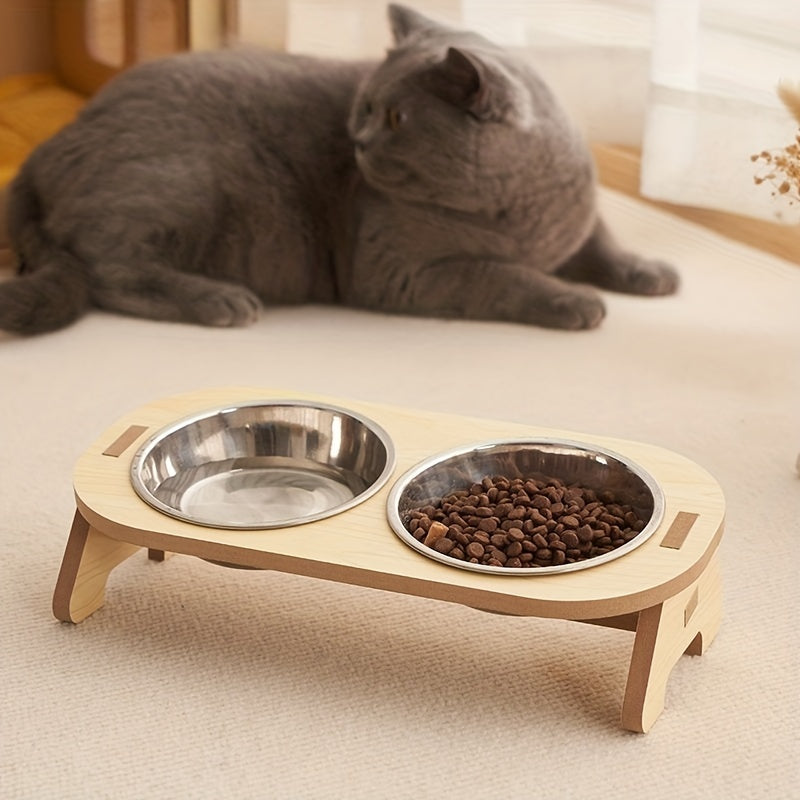 Erhöhte Katzen-Futterstation - Edelstahl mit Holzständer